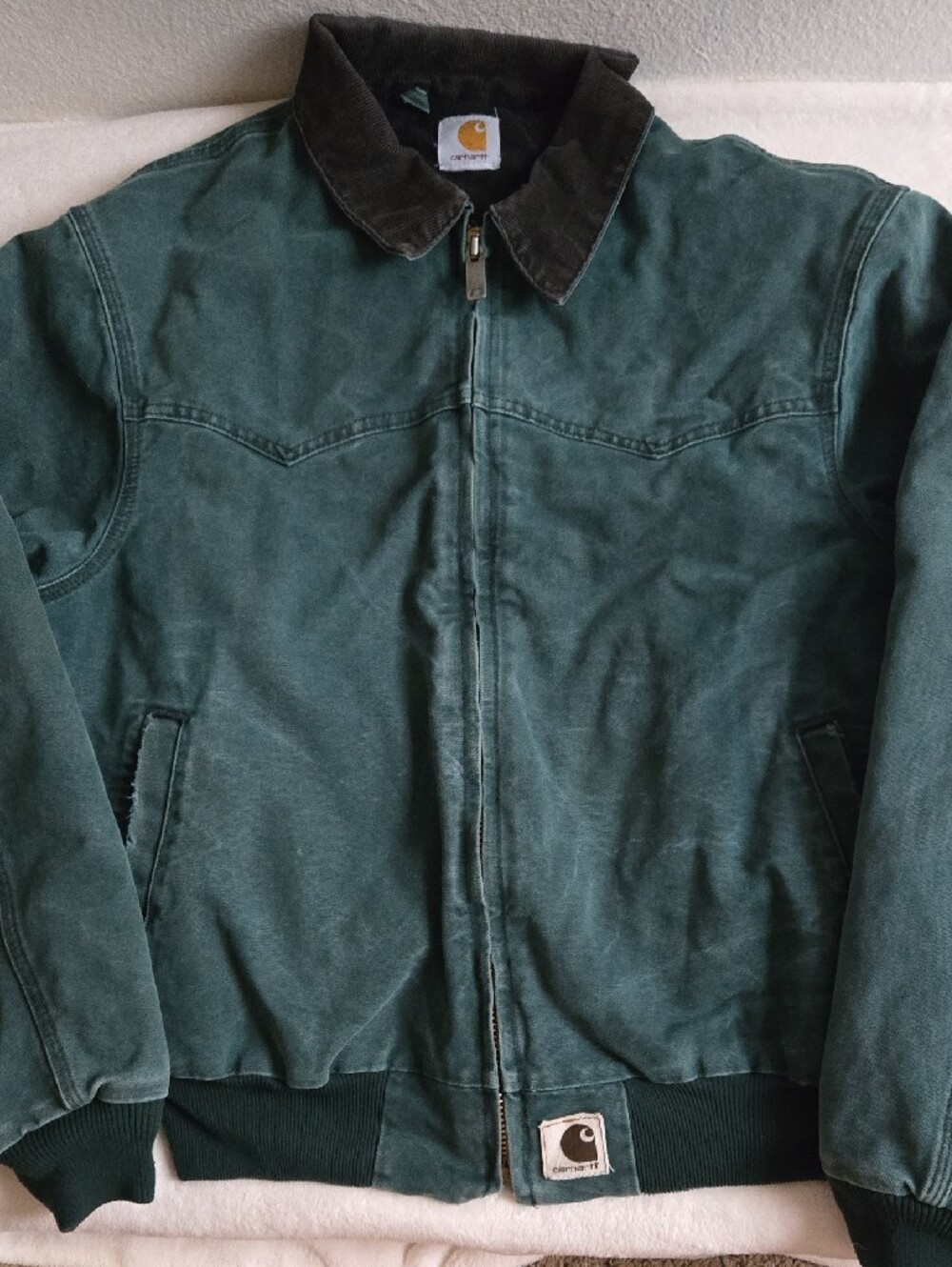 VTG Carhartt Men's Green Santa Fe Canvas Jacket with Dark Brown Corduroy Collar - Picture 3 of 16
